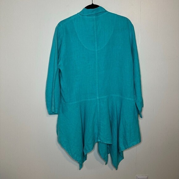 Mosaic USA Linen One Button Drape Cardigan Topper Teal Blue Lagenlook L - Picture 2 of 4